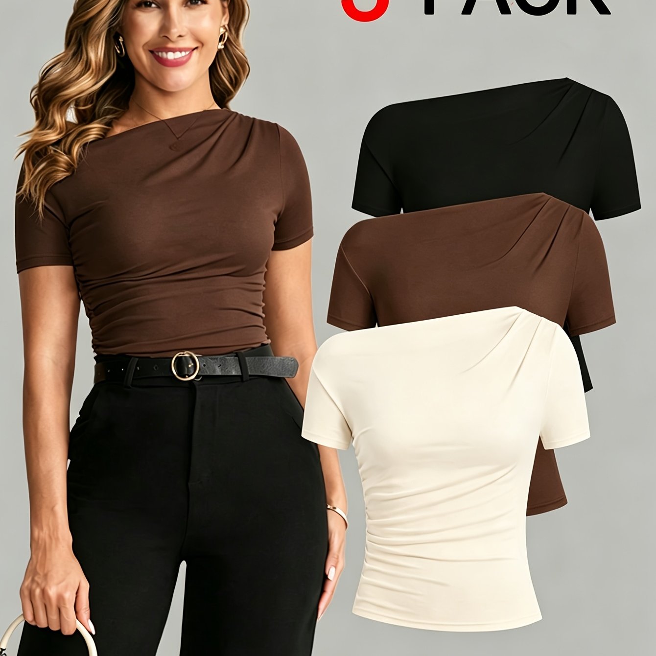 TEMU Ensemble de 3 T-shirts , Design à col biseauté, Couche de base polyvalente, T-shirt taille-fessée style Y2K tendance, Haut court premium