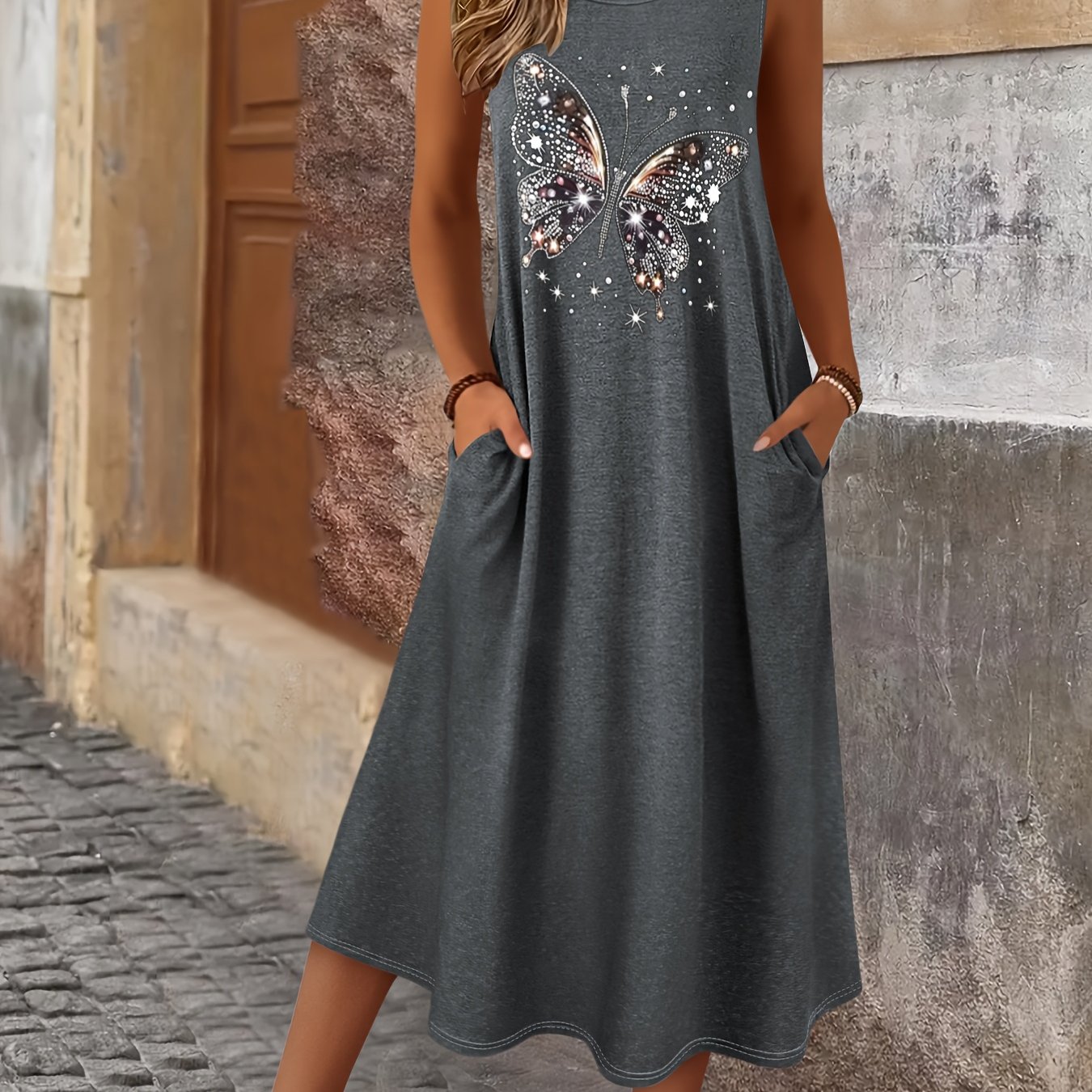 Image of Summer Women's Fashion Print Sleeveless Vest Dress With Round Neck And Pockets, Casual Vacation Dress For Women