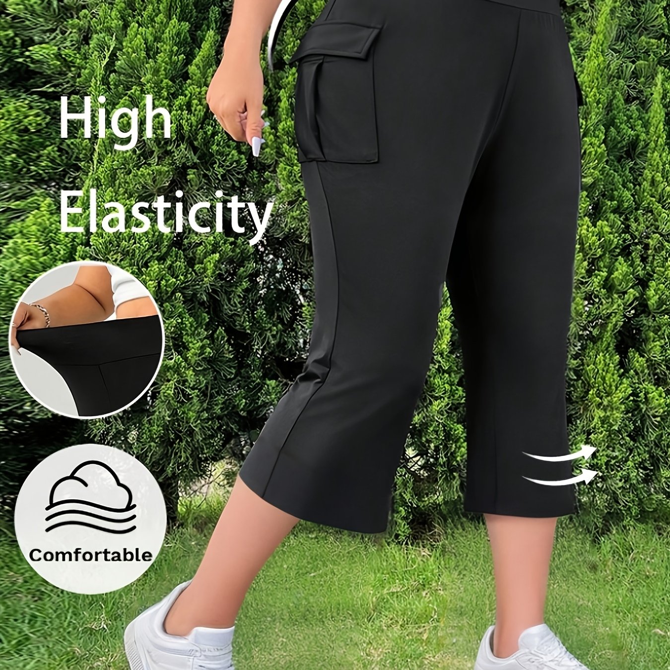 Image of Plus Size Women's Casual Cargo Pants, With Pockets, Flared Legs, Spring/summer Style, Suitable For Women's , Airport, Teacher, Etc. Capri Length, Full Size Range, Suitable For , Back To, Etc