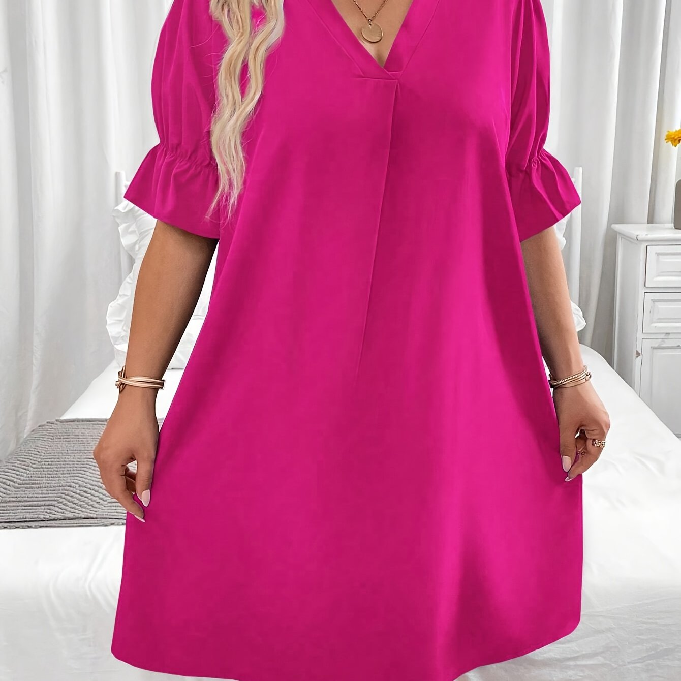 TEMU Vestido Ajustado Elegante de Cuello en V para Mujeres de Talla Grande - Color Rosa Sólido, Lavable a Máquina, Versátil para Todas y Ocasiones Casuales & Formales, Sin Material Elástico