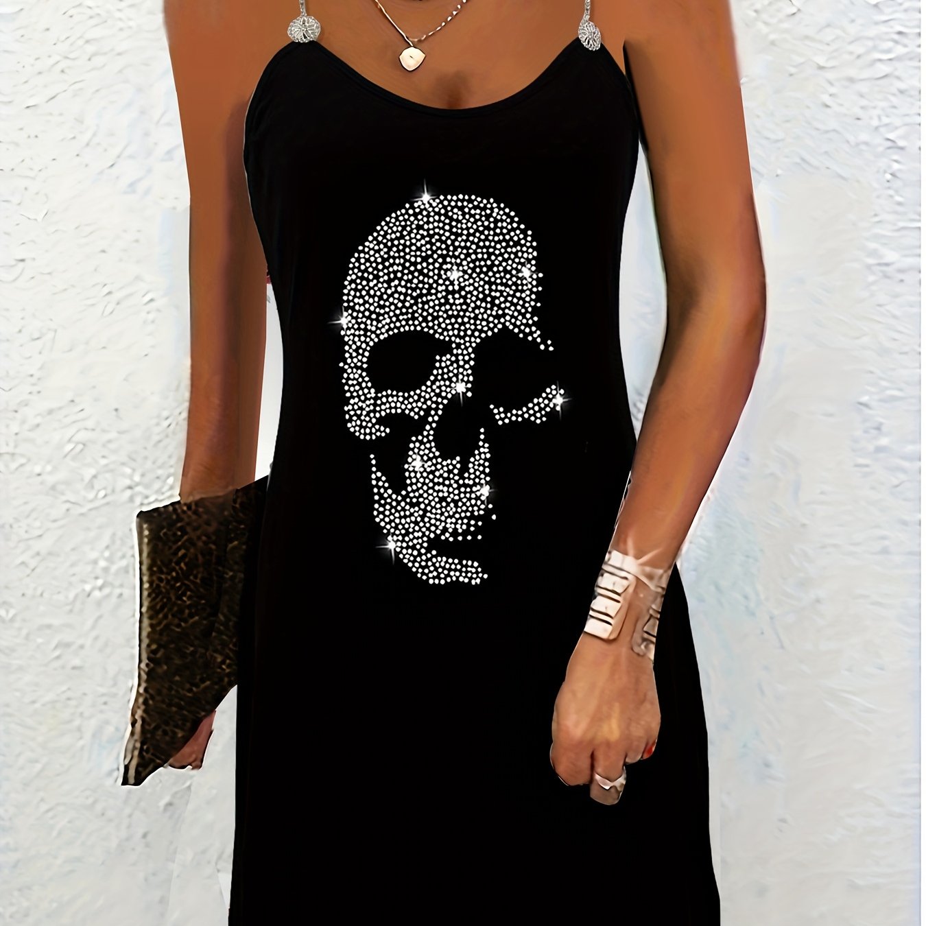 Image of Elegant Directional Women's Round Neck Cami Dress Skull Head Hot Drill Fashion Rhinestone Women's Dress