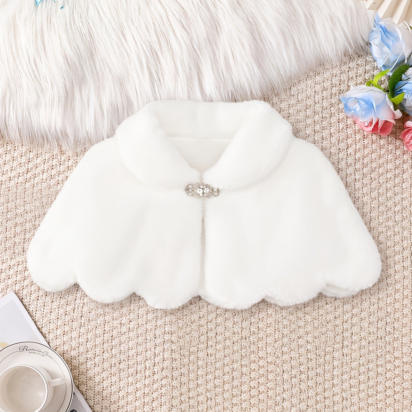 Image of Girls' Fashion Trendy Autumn Winter Versatile Shawl, Fluffy Round Neck Scalloped Edge Small Shawl, Girls' Outdoor Temperament Bright And Elegant Casual Wear, Teen Outing Clothing