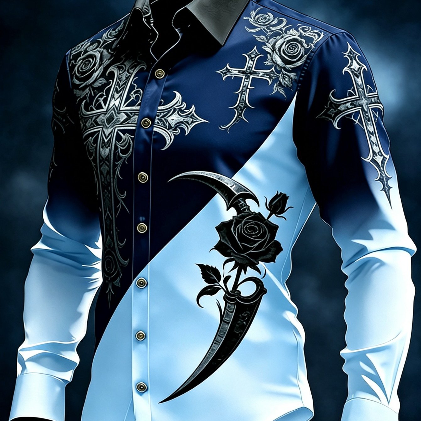 Image of Men's Gradient Blue Gothic Cross Black Rose Print Long Sleeve Button Shirt, Smooth Lapel Collar Slim Fit Dress Shirt, Fashion Casual Blouse For Daily Fall Wear