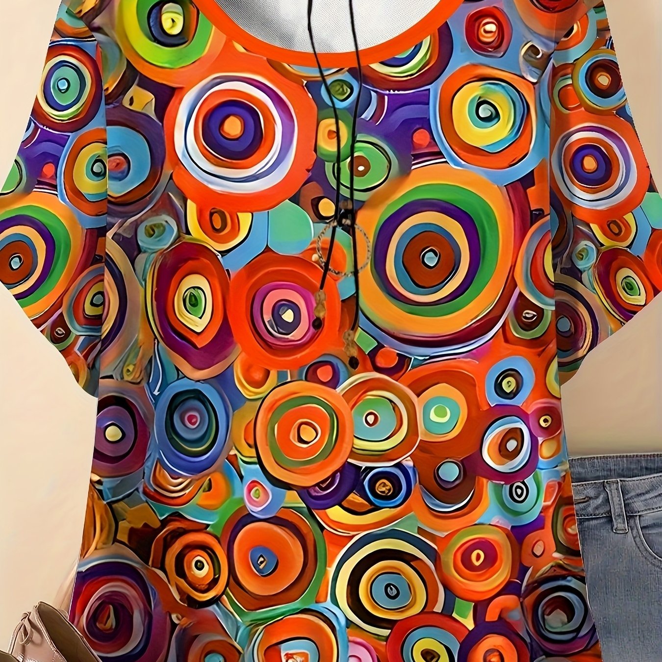 Plus Size - Plus Size - Plus Size Summer Casual Vacation, Comfortable And Elegant Style, Colorful Painting, Circular Elements, 3d Printed Pattern Women's Round Neck Short Sleeve T-shirt