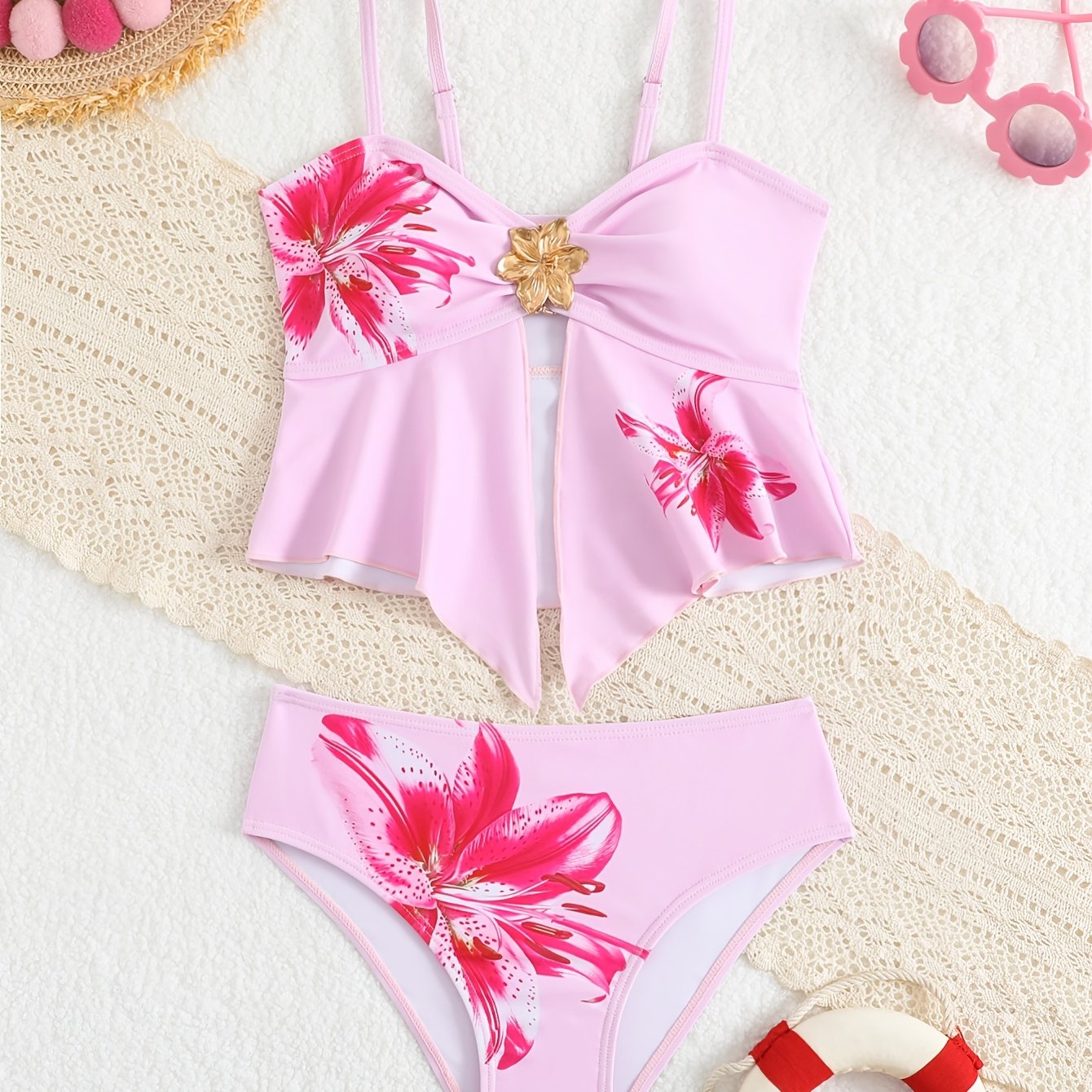 Medium/large Girls' Adjustable Thin Strap Tankini Set, 2pcs Bikini With Floral Print, Girls' Swimwear For Vacation And Beach
