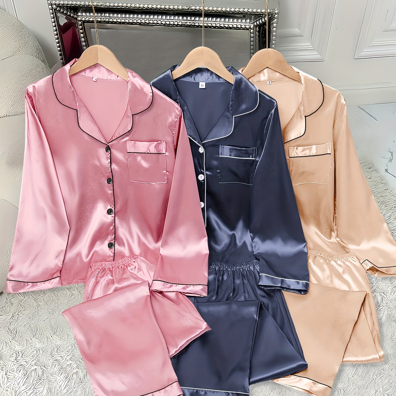 TEMU 3pcs Women's Satin Pajama Set - Casual Solid Color Long Sleeve Shirt & Elastic Waist Pants, Lapel Collar, Button Detail, Fall/winter Sleepwear