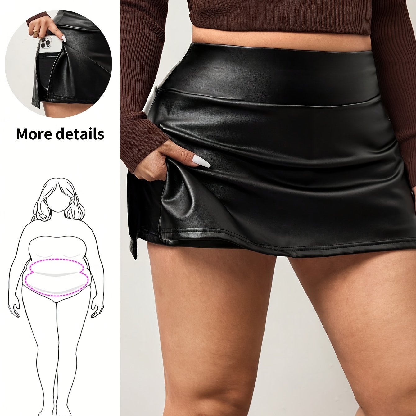 TEMU Plus Size, Women's Plus Size Pu Mini Skirt, Flexible Matte Half Skirt, High-waist Wide Waistband A-line Mini Skirt, Side Slit With Built-in