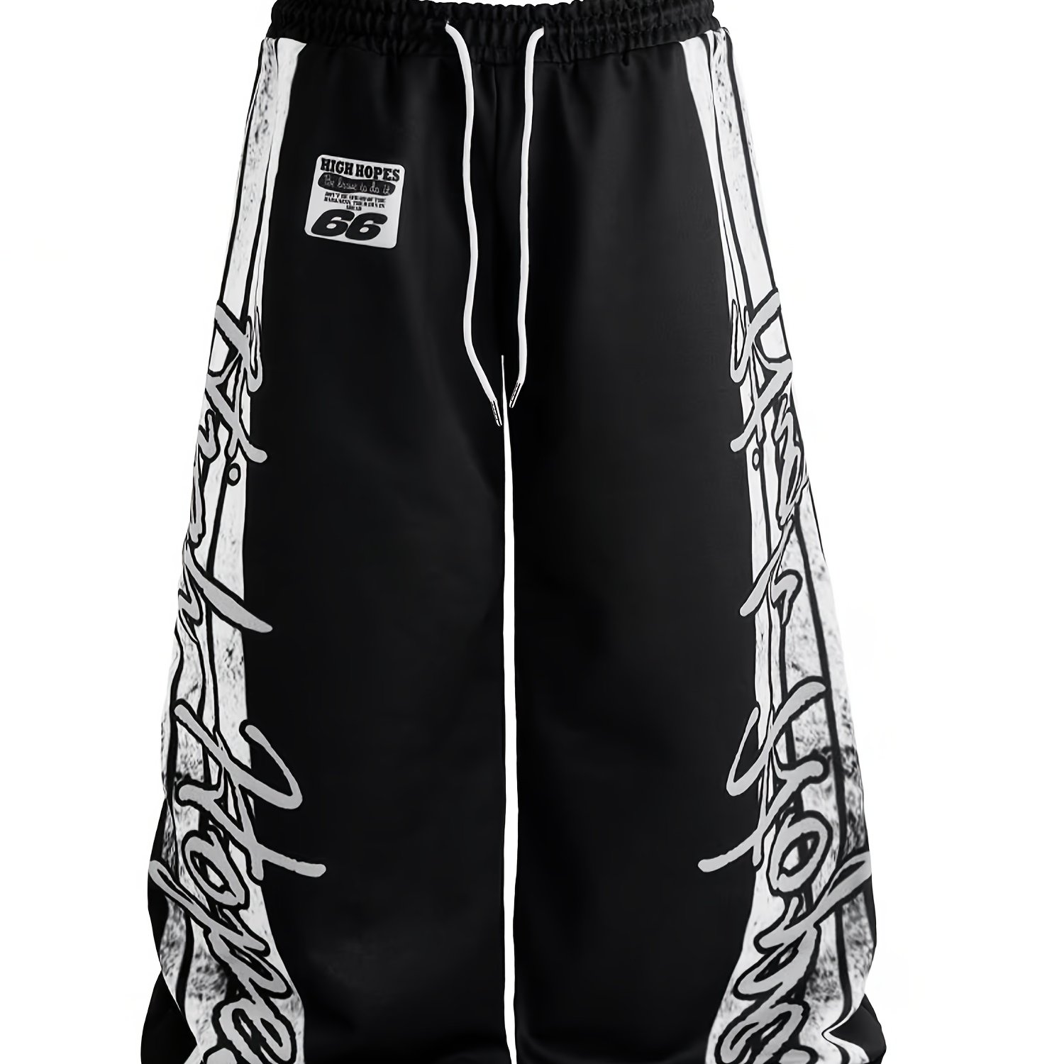 TEMU Men's Casual Wide-leg Long Pants With Waist Label And Side Graffiti Slogan Tags, Artistic Patterns Suitable For Fitness Training, Shopping, ,