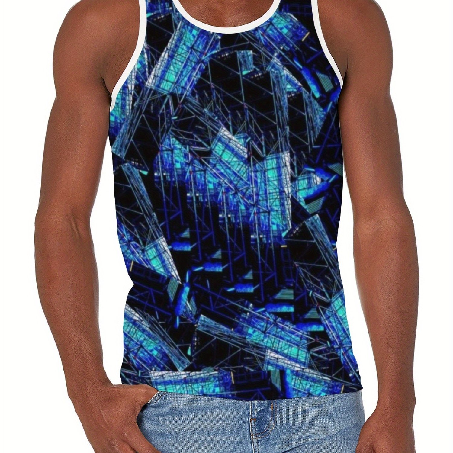TEMU Print Men's Casual Tank Top With Narrow Shoulder Straps, Round Neck, Comfortable And Breathable Shirt Suitable For Gym Workouts, Running, ,