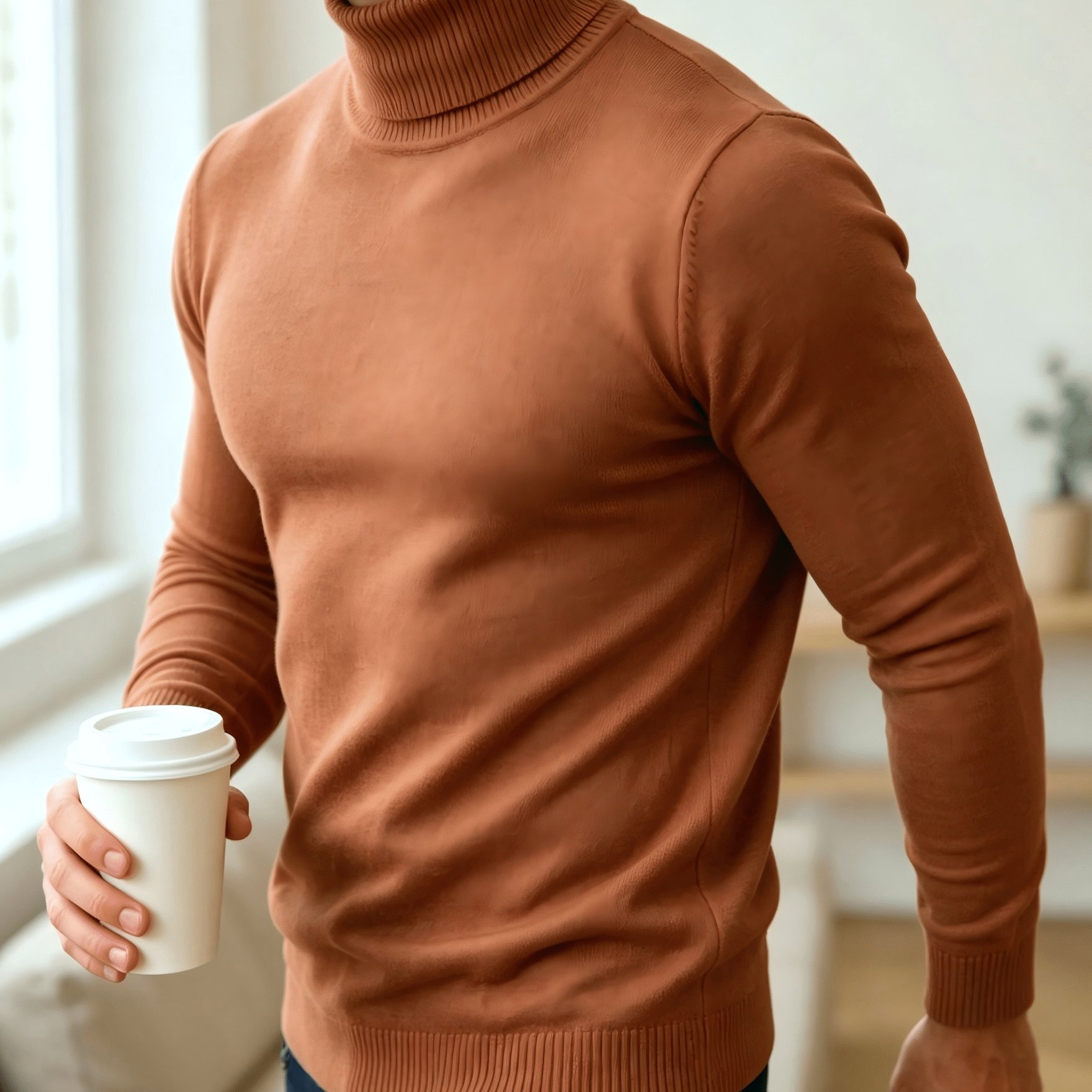 TEMU Early Autumn Solid Color Sweater - Minimalist Style, High Neck , Soft And Fitted Texture With Elastic Ribbed Cuffs And Hem For A At Wrist And