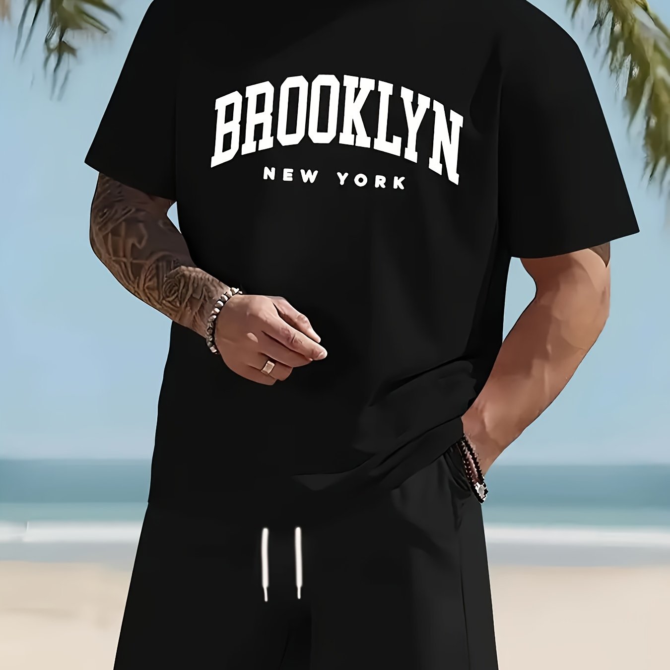 TEMU Conjunto Casual de Dos Piezas Estilo Brooklyn para Hombre, Sudadera Cómoda y Versátil para Verano