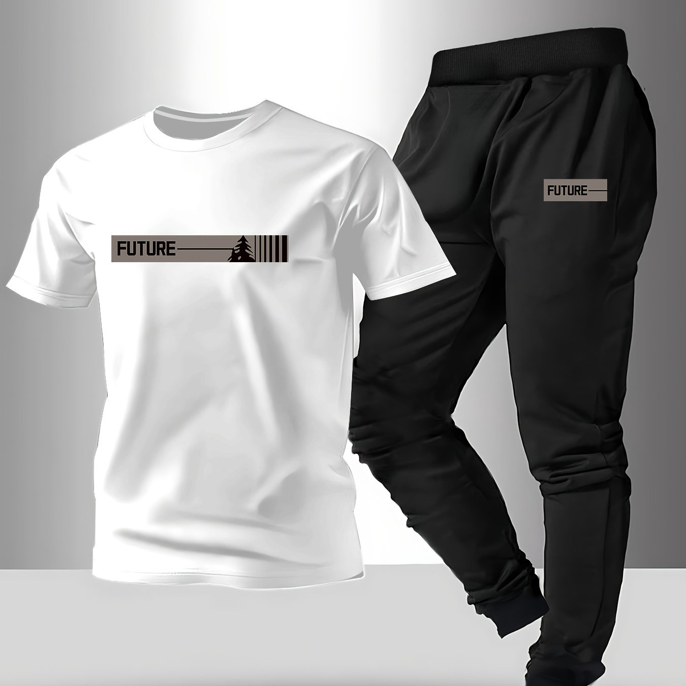 TEMU A Two-piece Men's Casual Outfit Featuring A Short-sleeve T-shirt With A Geometric Pattern Print And Sports Jogger Pants With Pockets And