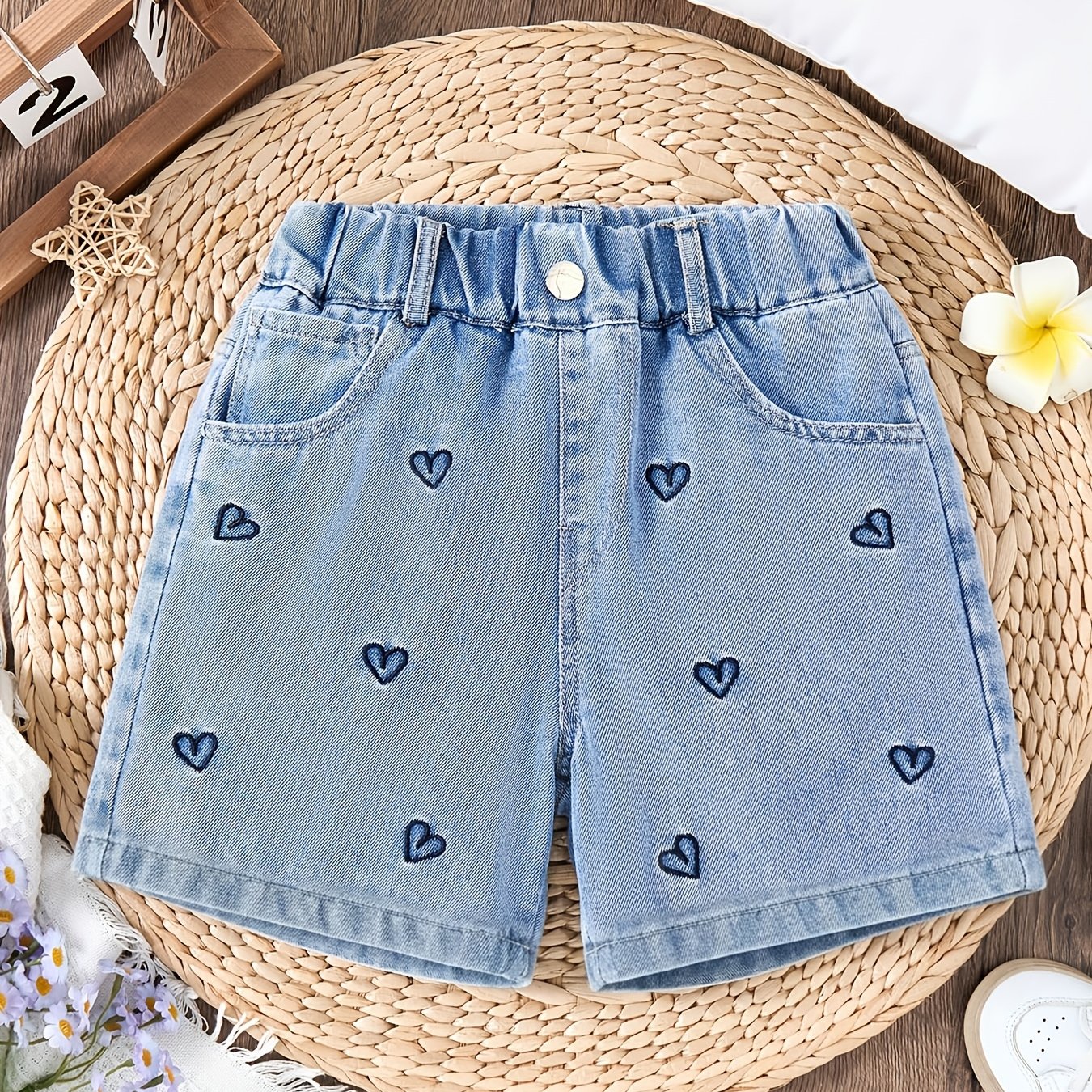 Image of Pair Of Girls' Summer Denim Shorts, Embroidered With Small Heart Patterns, Fashionable And Versatile, Fully Elastic Waistband, For Daily Casual Wear, Street Fashion , Leisure Beach Vacation Attire