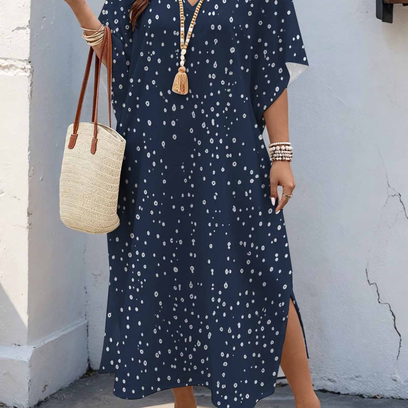 Image of Plus Size, Plus Size Women's 08xl Minimalist Elegant Style, Polka Dot Print Maxi Dress, Batwing Sleeve Dress With Double Side Slits, Loose Casual Summer Dress For Curvy Women