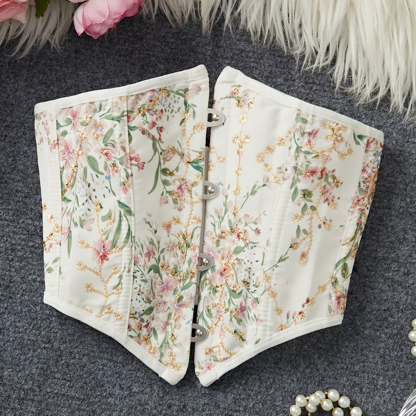 TEMU Oktoberfest Vintage Pastoral Style Jacquard Waist Cincher, Cream Floral Short Shaping Waist-cinching Xs~xxl Bridal Gown Undergarment