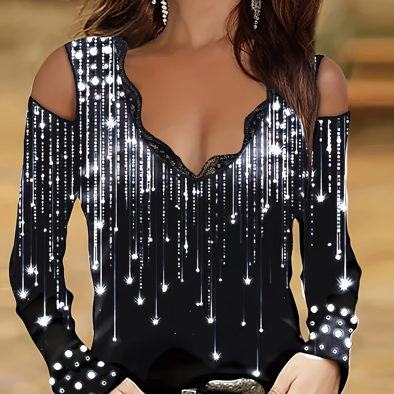 Image of Floral Lace V-neck T-shirt, Spring And Autumn Casual Long-sleeved Top, Women's Clothing