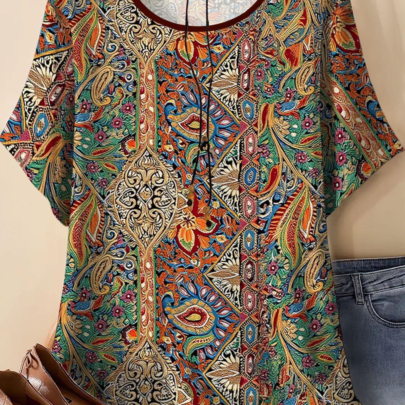 TEMU Women's Plus Size Vintage Print Loose-, New Summer Ethnic Style Short Sleeve T-shirt, Versatile Fashion Women's Clothing