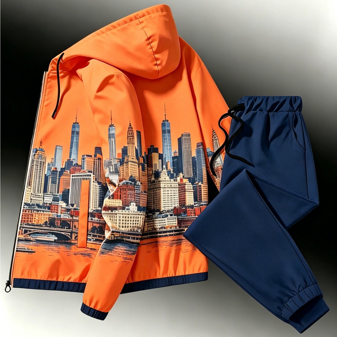 2pcs Set New Arrival: Unisex Casual Print Windproof Zipper Jacket Set | Hooded, Regular Fit, Stretch Fabric, Perfect For Men, Suitable For Occasions, Plus Size