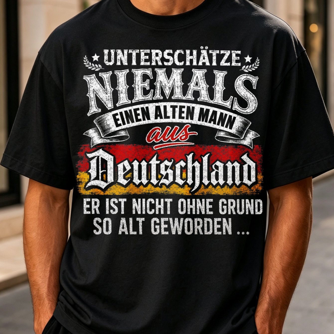 Image of German "old " Quote T-shirt "never Germany" With Discolored Flag Stripe And Gothic Font Men's T-shirt