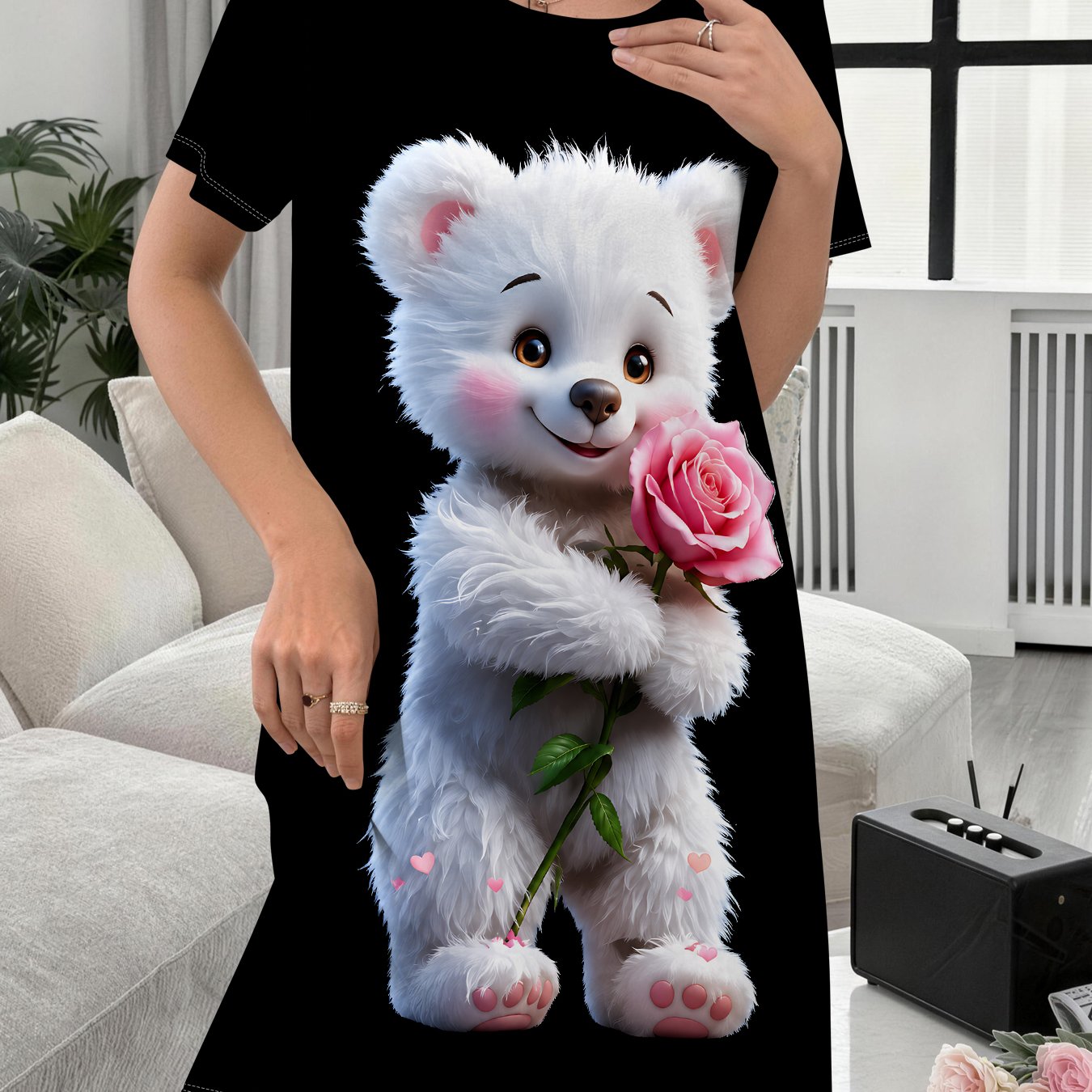 TEMU Women's Casual For Home Nightgown, Cute Casual Nightgown Printed With White Holding Roses, Comfortable For , Ladies' Nightdress, Elegant Women's