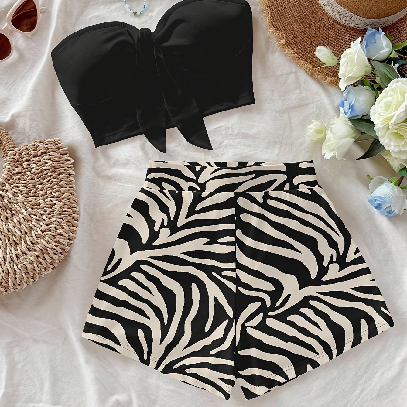 TEMU Conjunto de 2 piezas para mujer: Shorts con top de tirantes , estilo casual para vacaciones