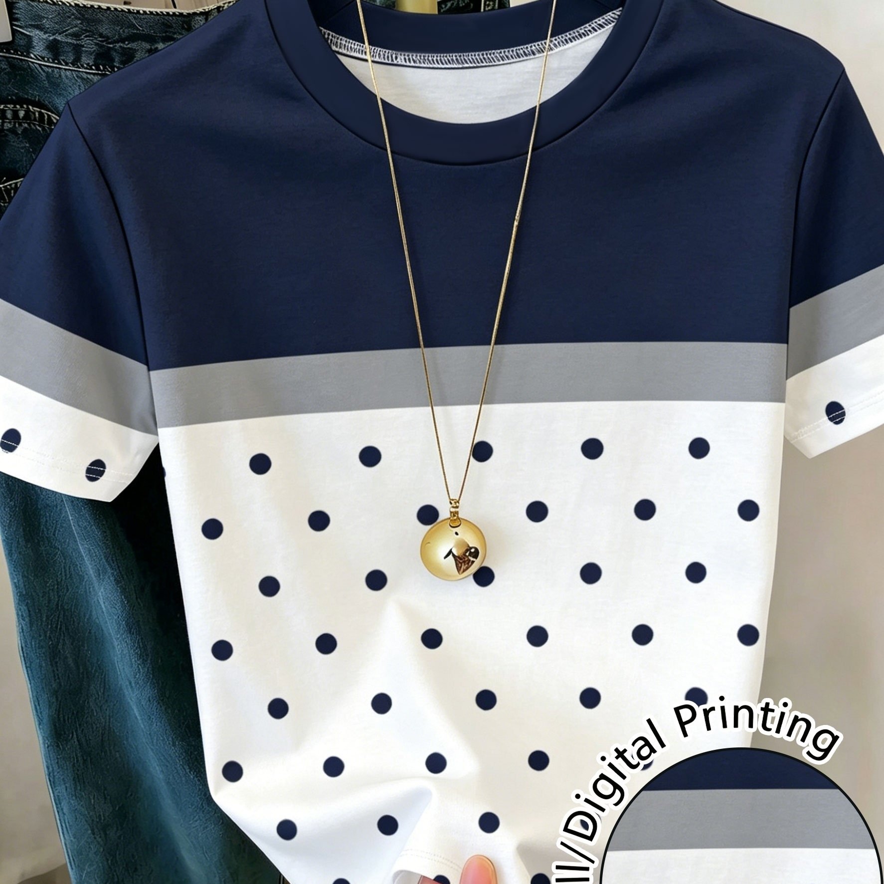 TEMU Navy Gray Color Block Polka Dot Short Sleeve T-shirt, Crew Neck Retro Casual Versatile Top