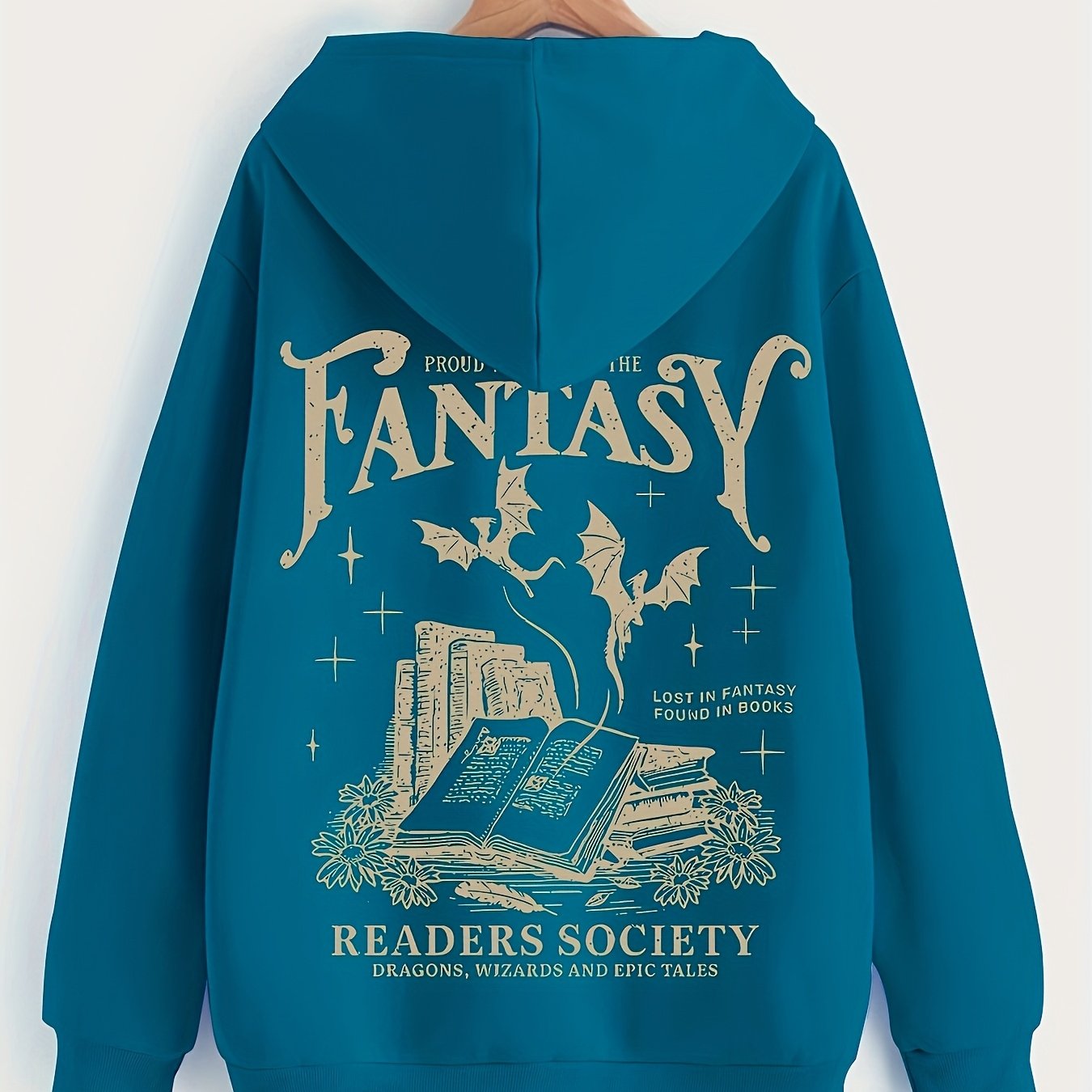 TEMU Kapuzenpullover mit Bücherstapel-Muster auf der Rückseite Kängurutasche, Herbst/Winter Langarm Freizeit-Oberteil für Damen mit Futter