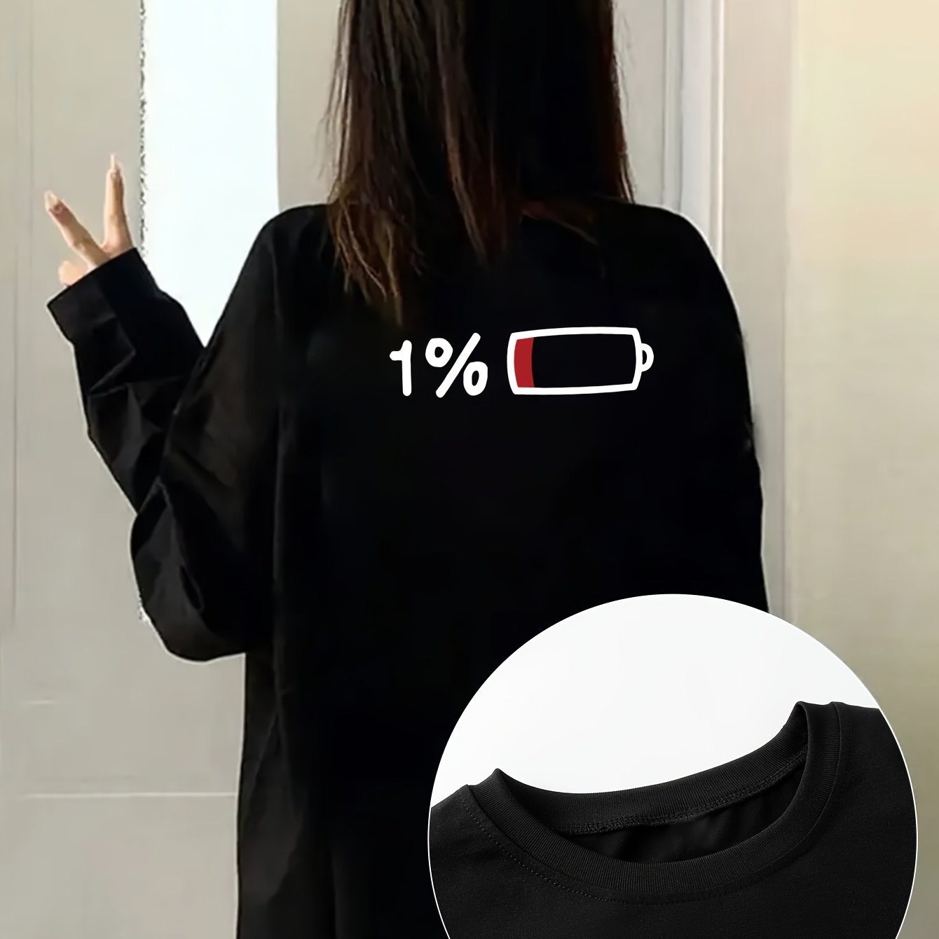 TEMU 봄/여름 캐주얼 활용도 높은 보조배터리 프린트 미디 라운드넥 긴팔 티셔츠 여성용 루즈핏 상의