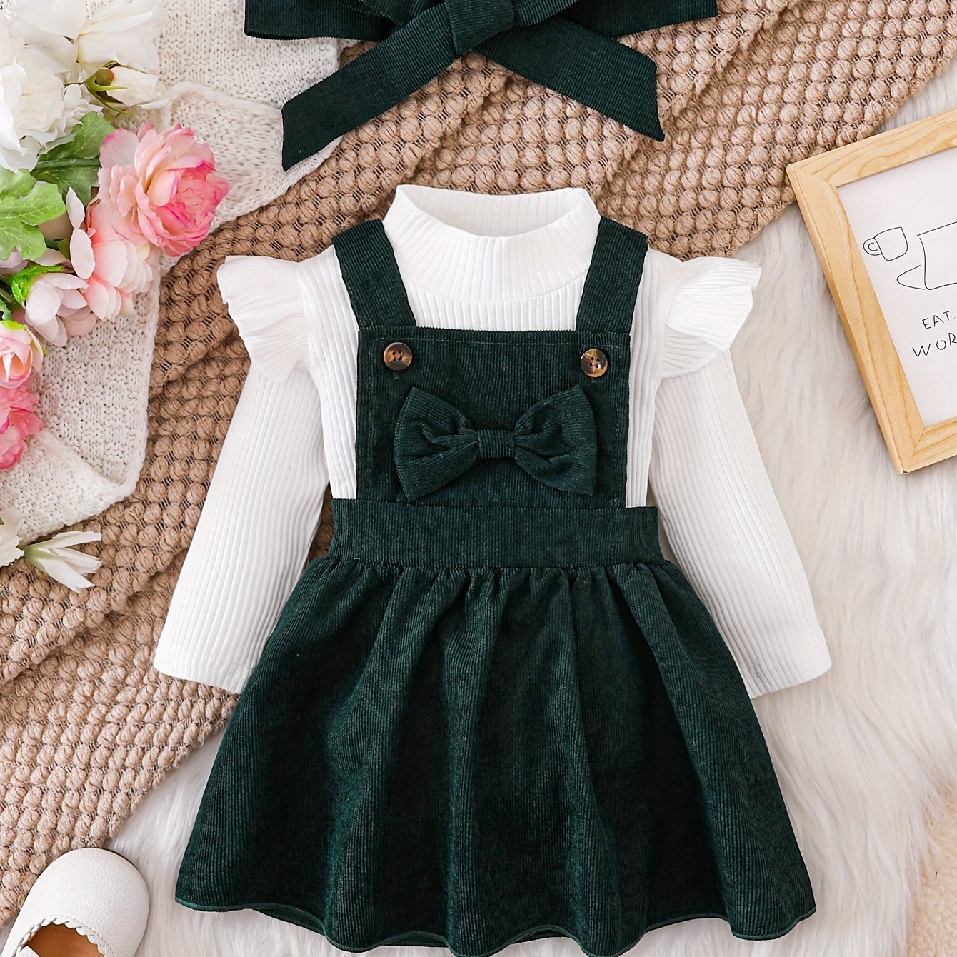 Image of Baby Girls 3pcs Set, Ribbed Mock Neck Long Sleeve Bodysuit And Corduroy Pinafore Dress, Bow Detail And Headband, For Outdoor, Christmas, Halloween