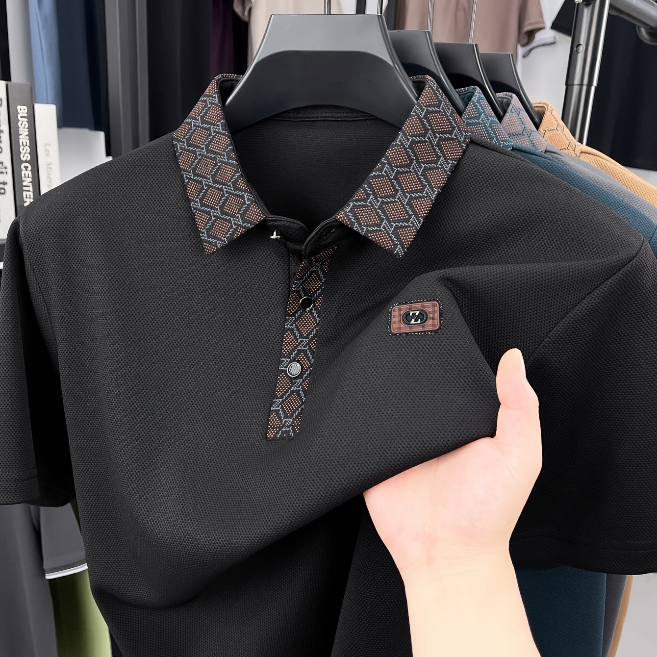 TEMU Men's Jacquard Collar Short-sleeve Shirt, Summer Fashion Rhinestone Label Jacquard Lapel T-shirt For Middle-aged Men, Light Luxury Business,