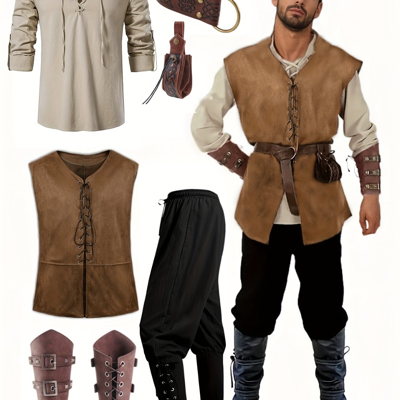 7pcs Men's Halloween Renaissance Period Costume Set Medieval Vest Shirt Ankle Band Trousers Viking Belt Arm Band Bag And