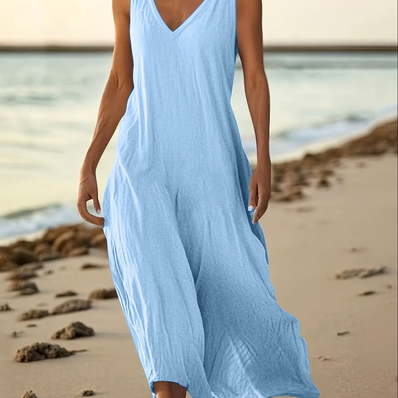Image of Elegant V-neck Sleeveless A-line Dress - Solid Color Loose Fit Maxi Dress, Machine Washable - Wedding Guest Gown For Parties, Business Events & Casual Attire (non-stretch)