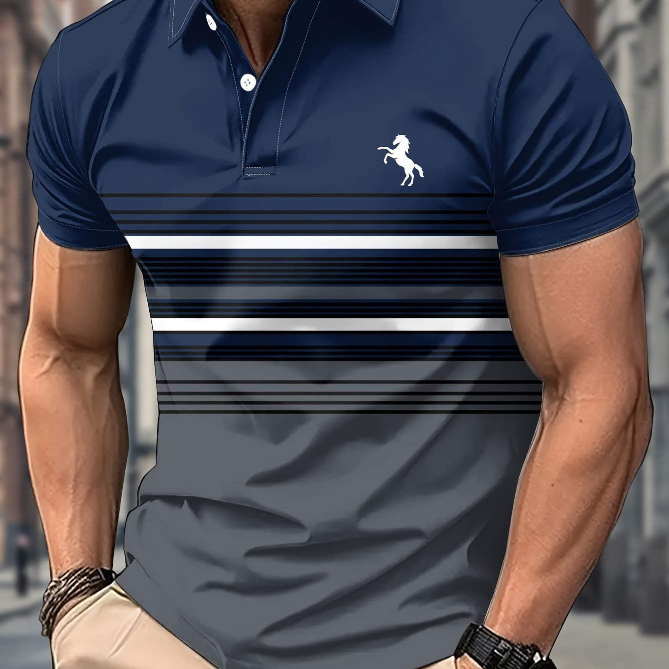 TEMU Polo Homme Manches Courtes Décontracté Chemise de Golf, Design Rayé avec Motif Cheval, Style Athlétique, Chemise d'Été Homme Manches Courtes