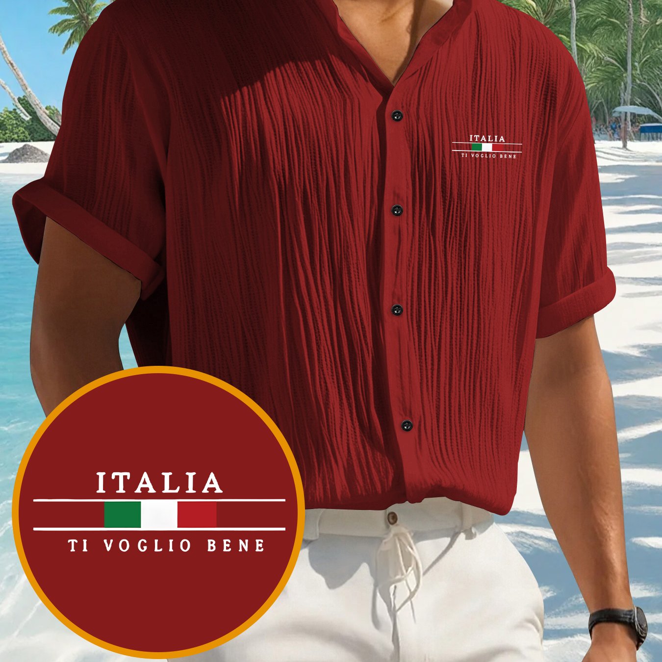 TEMU Men's Summer Short Sleeve Shirt | Lightweight Breathable Solid Color Button-up, Stand Collar Design, Italian Flag Text Pattern Print, Suitable