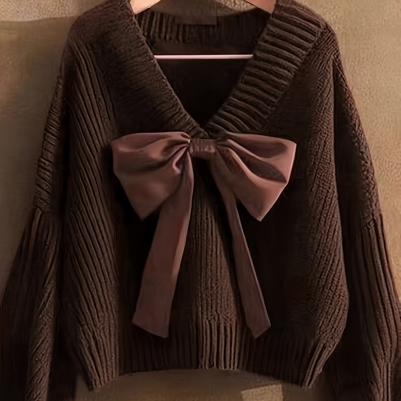 Women's Elegant V-neck Sweater Sweater With Bow Detail - Stretchy Loose Fit Long Sleeve Blouse-compatible Suitable For Christmas, Valentine's Day, , Fall Wardrobe, Casual To Dressy Pullover