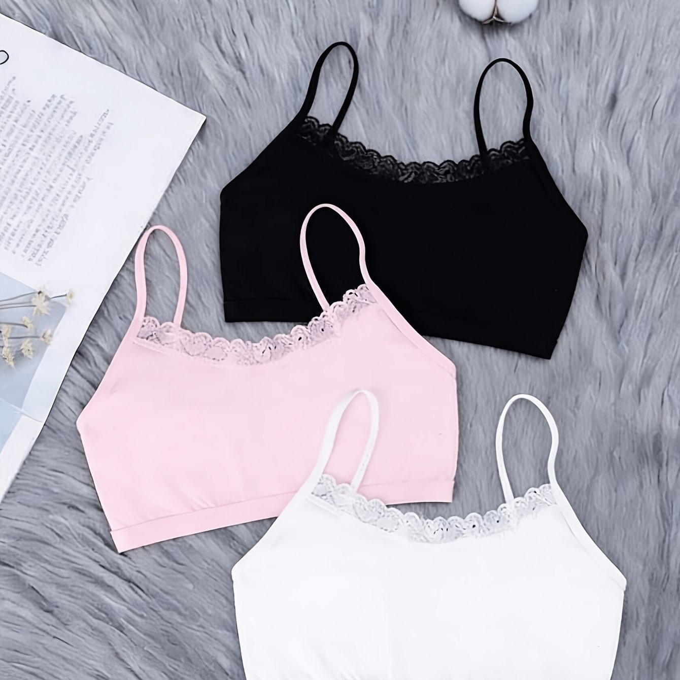 Image of 3pcs Girls' Fashion White Lace Camisole, Single Layer, Comfortable And Breathable, Suitable For 30-45kg, Wear, Ideal Gift