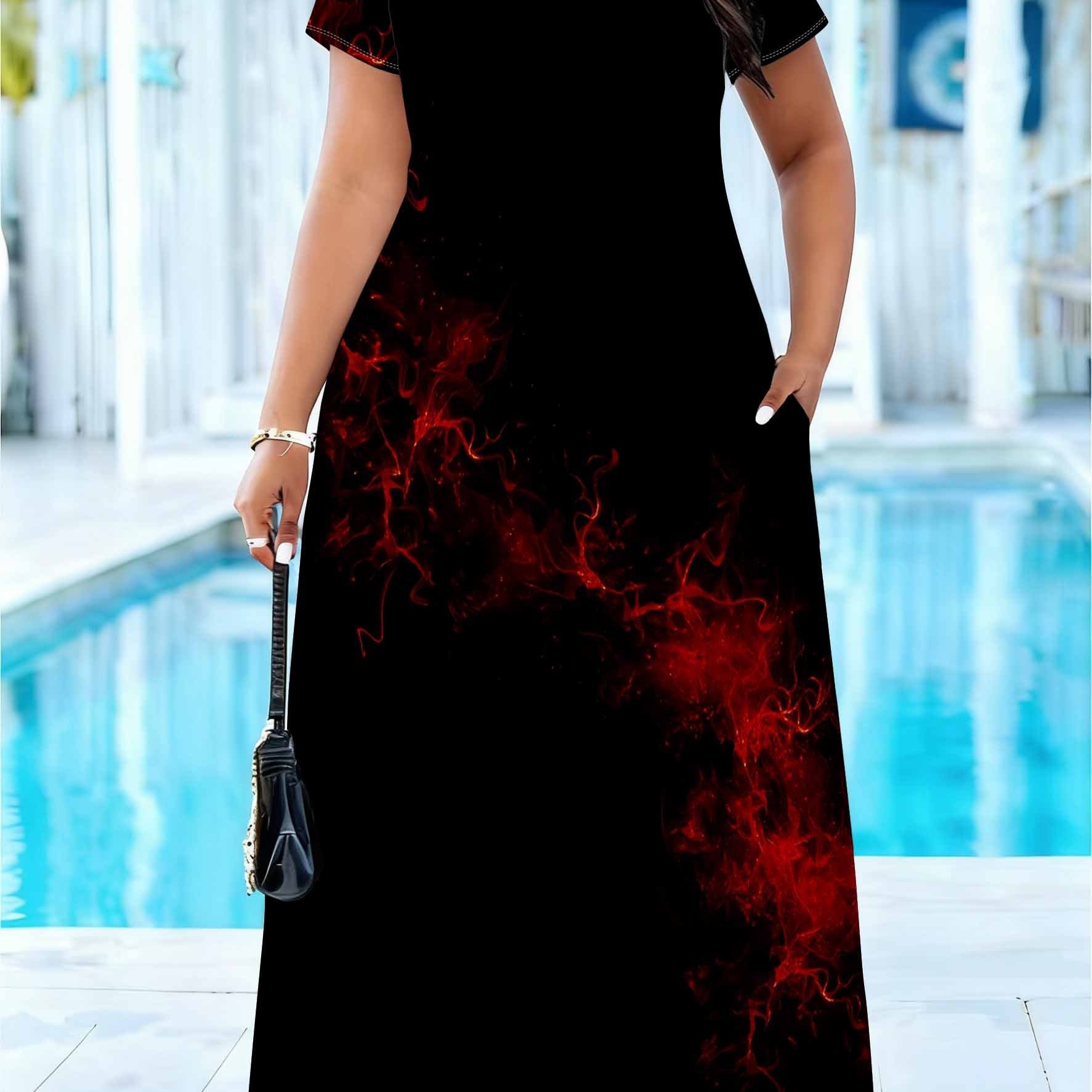 Image of Plus Size - Plus Size - Curvy Ladies Short Sleeve Maxi Dress Mysterious Flame Flowy Round Neck Floor-length Dress Perfect For Casual Outdoor Picnics And Comfortable Plus Size Fashion With Got