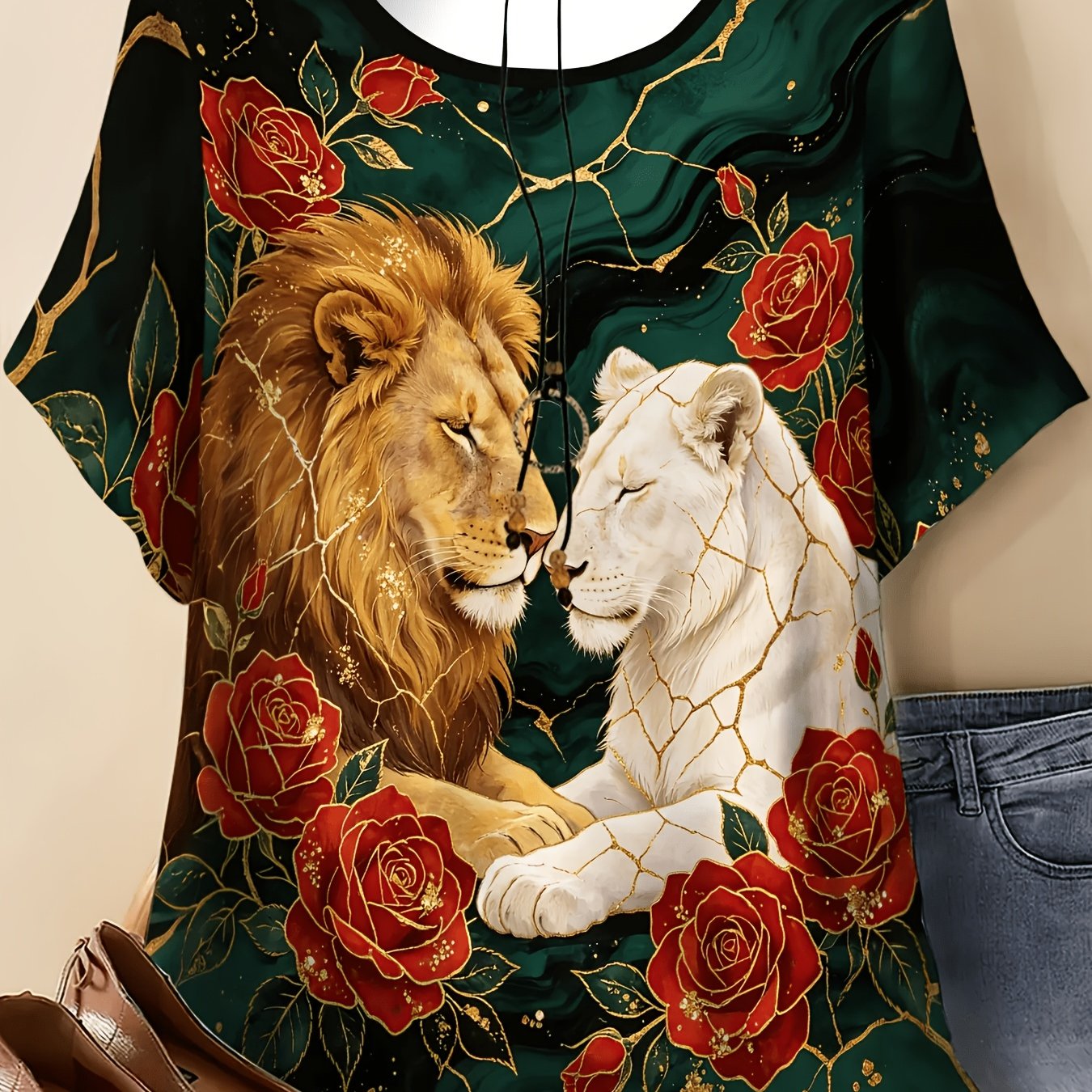 TEMU Plus Size Women's T-shirt, Round Neck Short Sleeve Summer Top With And Tiger Print, Casual Outdoor Wear, Casual Elegant Summer Top, Printed Top