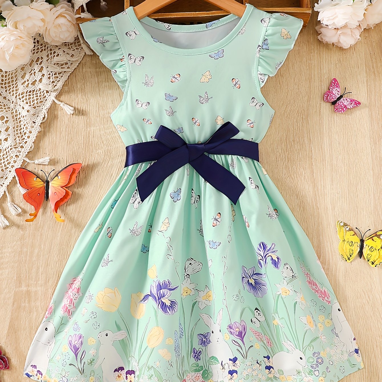 Image of Girls' Casual Fashion Knit Dress With Flutter Sleeves, Ruffle Hem, & Bunny Positioning , Easter Bunny, Clip-on Party Gift, Includes Ribbon