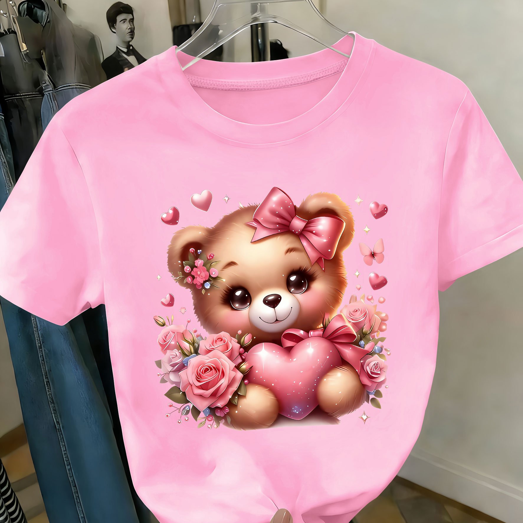 TEMU Plus Size - Plus Size - Women's Plus Size Short Sleeve T-shirt Top, Pink Heart Rose Bowknot Little Bear Graphic Top, Comfortable Breathable