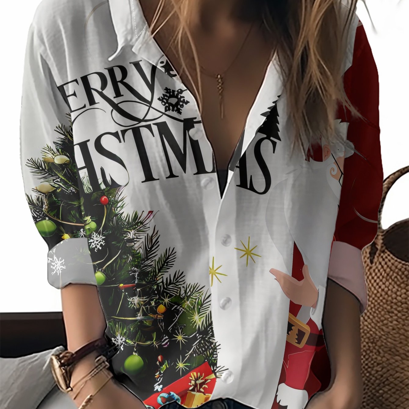 TEMU Women's Christmas Collar Long Sleeve Blouse - Santa & Tree Print Button-front Shirt, Machine Washable Polyester Top For Holiday Parties, Winter