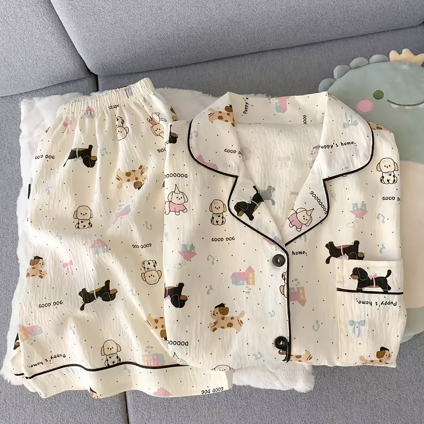 TEMU レディース夏用パジャマセット 半袖シャツ＆ショーツ 水玉プリント トな子犬デザイン かわいい＆キュート ルームウェアとしても最適