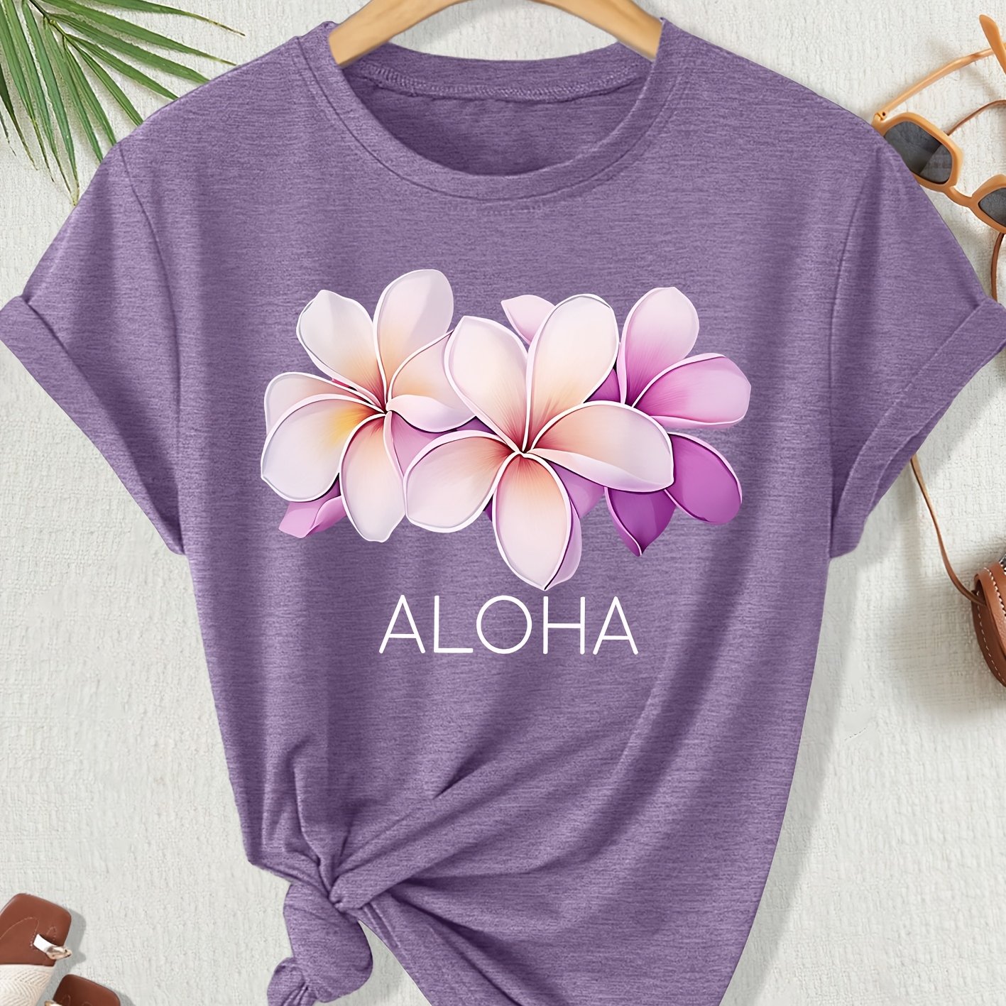 TEMU Spring/summer Women's Short-sleeve T-shirt Gift, Plumeria Aloha Pattern Print Crew Neck Casual Loose Size T-shirt, Fashionable Casual Versatile