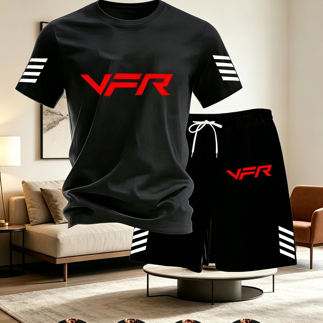 TEMU Vfr Letter Trendy Casual Set, Motorcycle/athletic Style ! T-shirt And Shorts Full Set, For Casual Matching; Breathable Fabric Cool And Dry, With