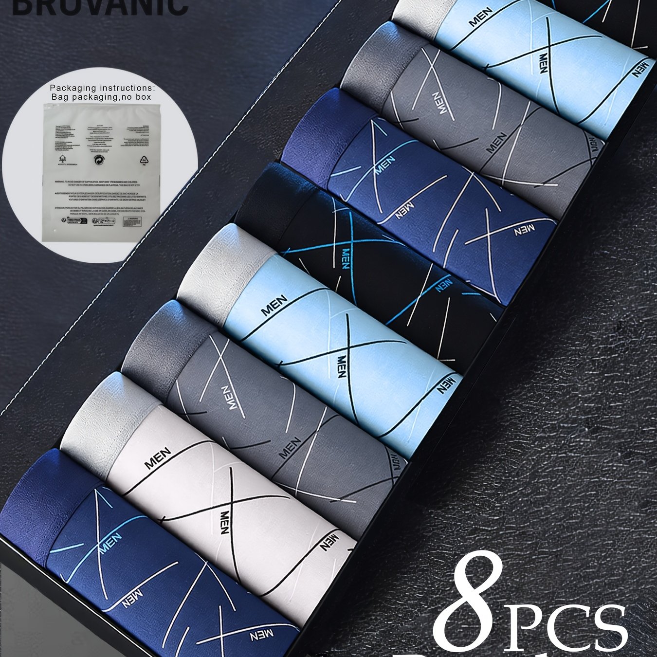 TEMU Random Brovanic 8pcs Assorted Men&;s Boxer Briefs, Featuring Contrast Geometric Patterns With Letter Prints And An Elastic Waistband. Simple,