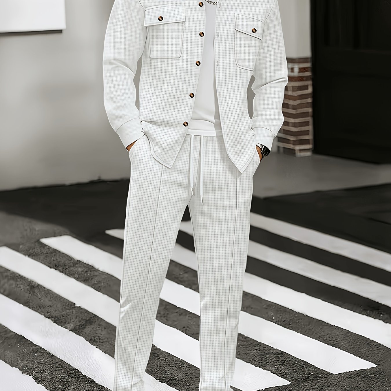 TEMU Men's New Waffle Solid Color Cardigan Shirt Long Sleeved Pants Men's Casual Suit