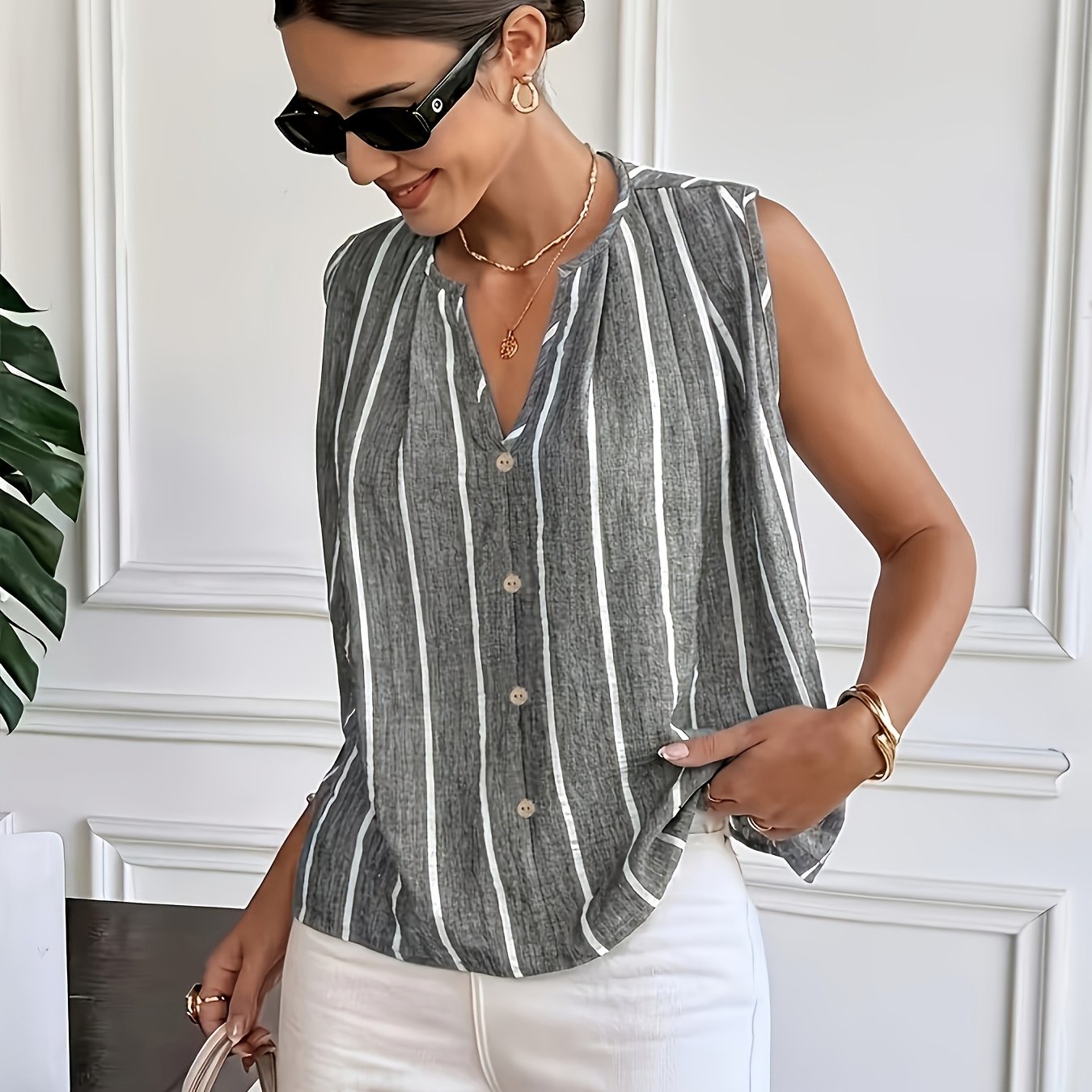 TEMU Women's Casual Striped Printed Neck Cutout V-neck Top, Loose Sleeveless Shirt, Summer Commute French Striped Sleeveless Blouse, Suitable For