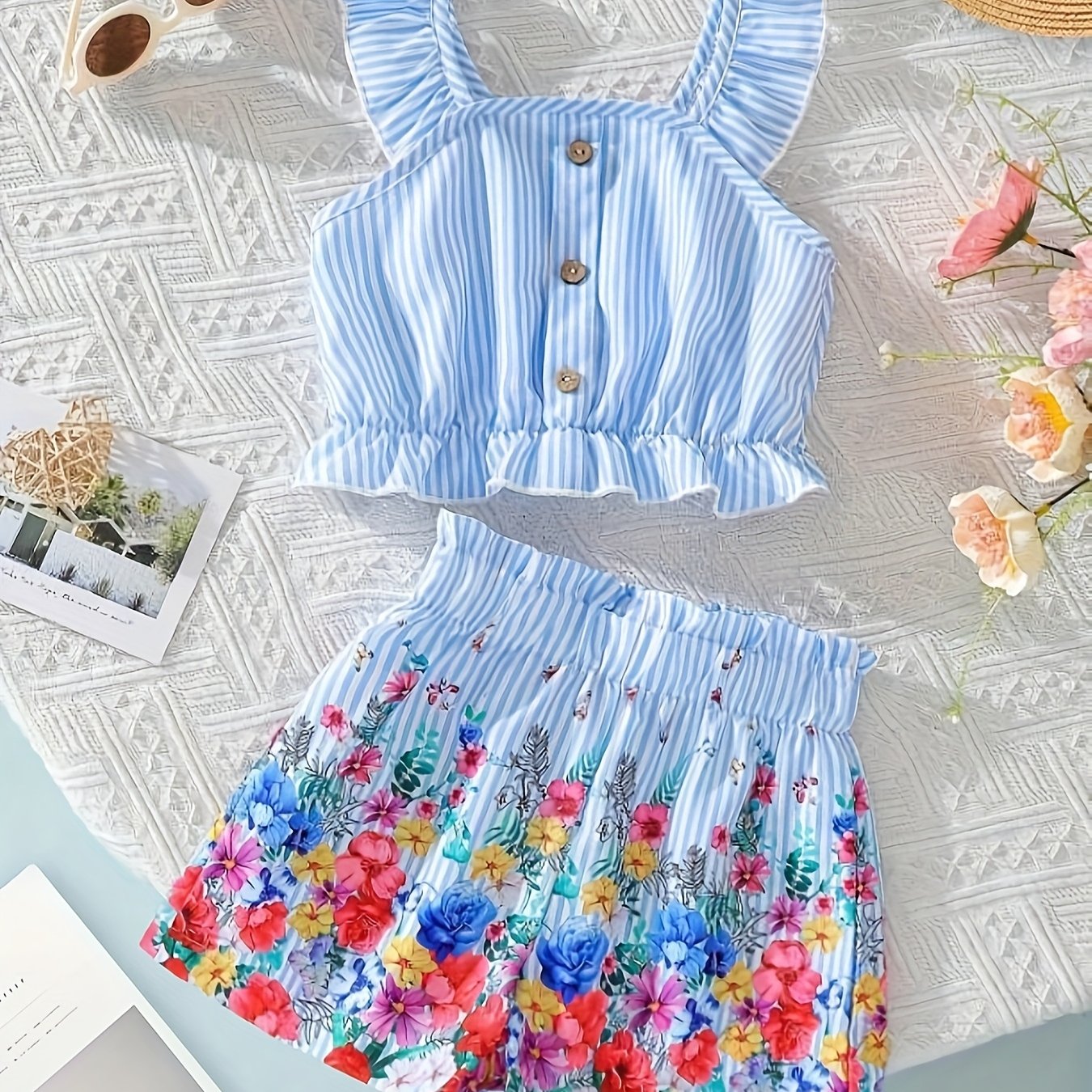 Image of Young Girl Fresh Flower Pattern Vest With Elastic Shorts Set Suitable For Vacation Travel Girl Gift Spring And Summer Set
