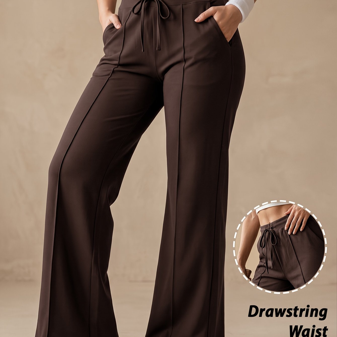 TEMU Soyun Women's Athletic Long Pants, High-waist Drawstring Wide-leg Yoga Trousers, Loose Fit, Side-, Breathable Comfortable Fabric, Suitable For