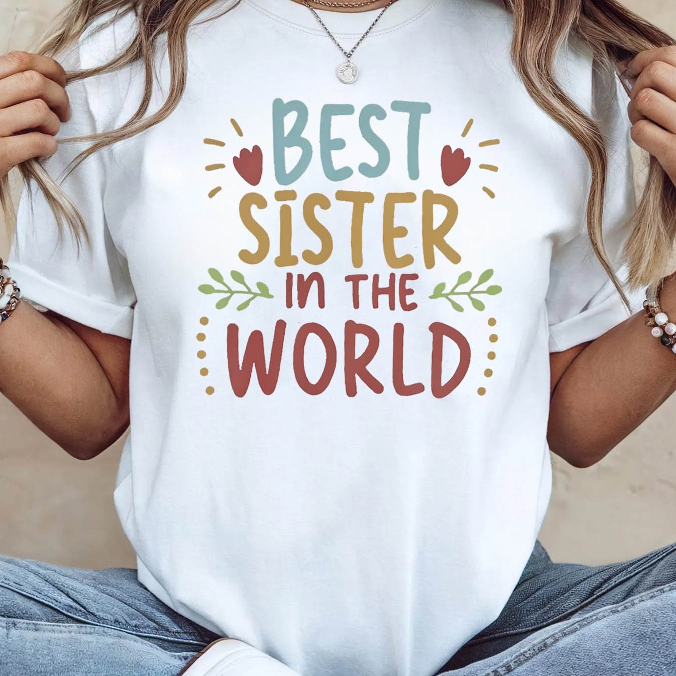 TEMU Women's Best Sister T-shirt - "best Sister In The World" Slogan Gift Top With Heart & Leaf, Casual Short Sleeve Blouse Elegant Suitable For